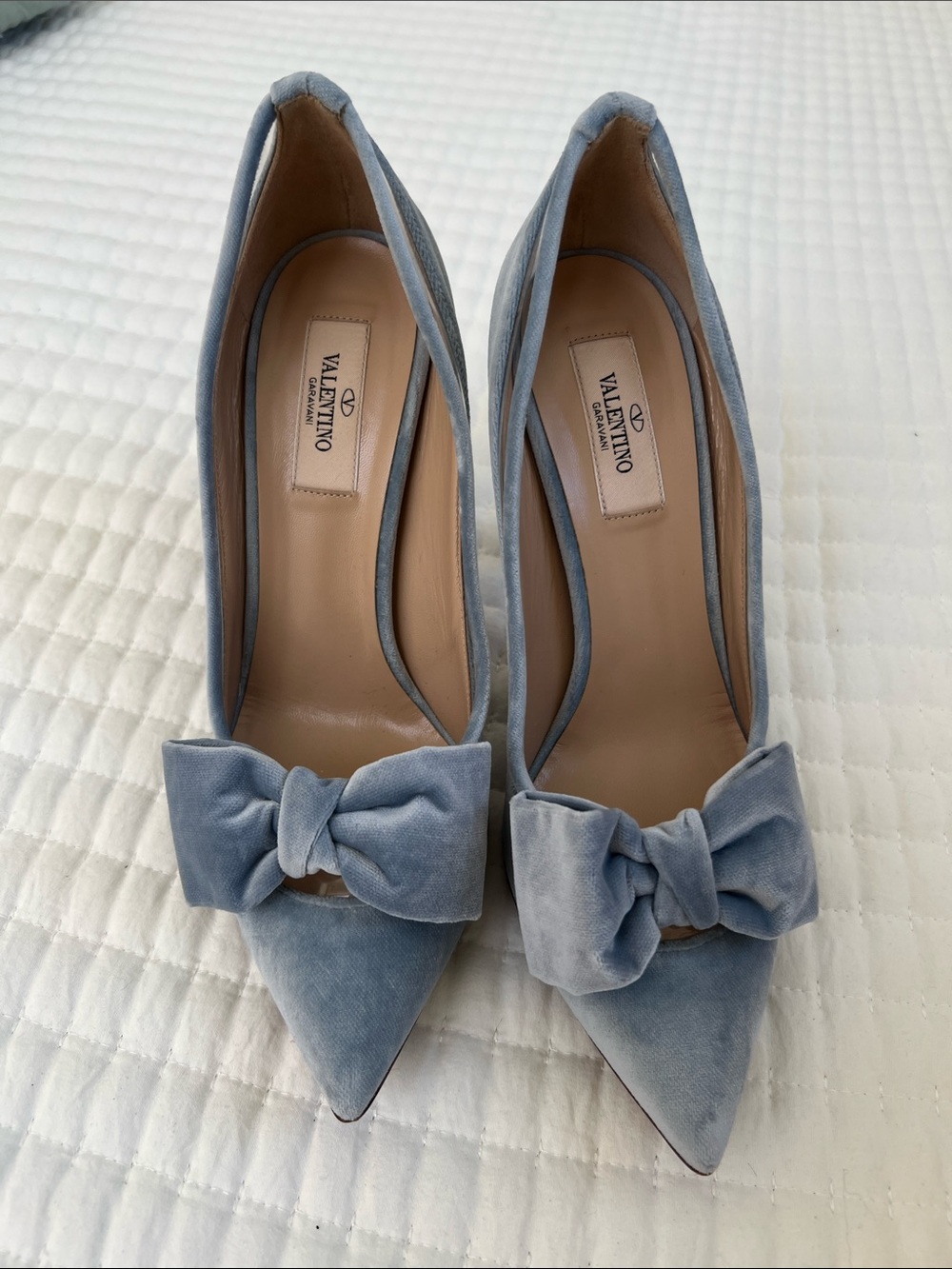 Valentino Powder Blue Velvet Bow Pointed-Toe Pumps